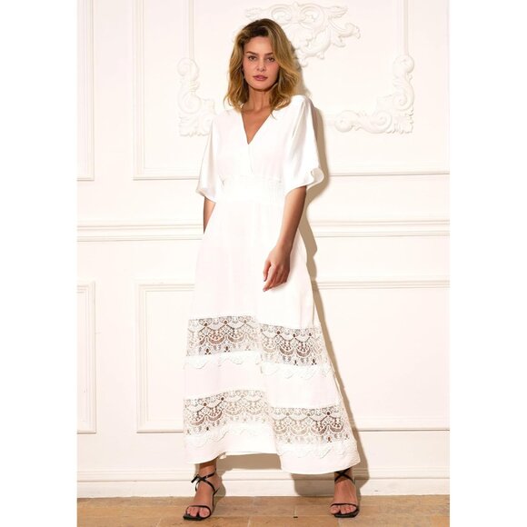 Women's Boho Maxi Dress Short Sleeve V Neck Flowy with Pockets for Wedding - Picture 2 of 8